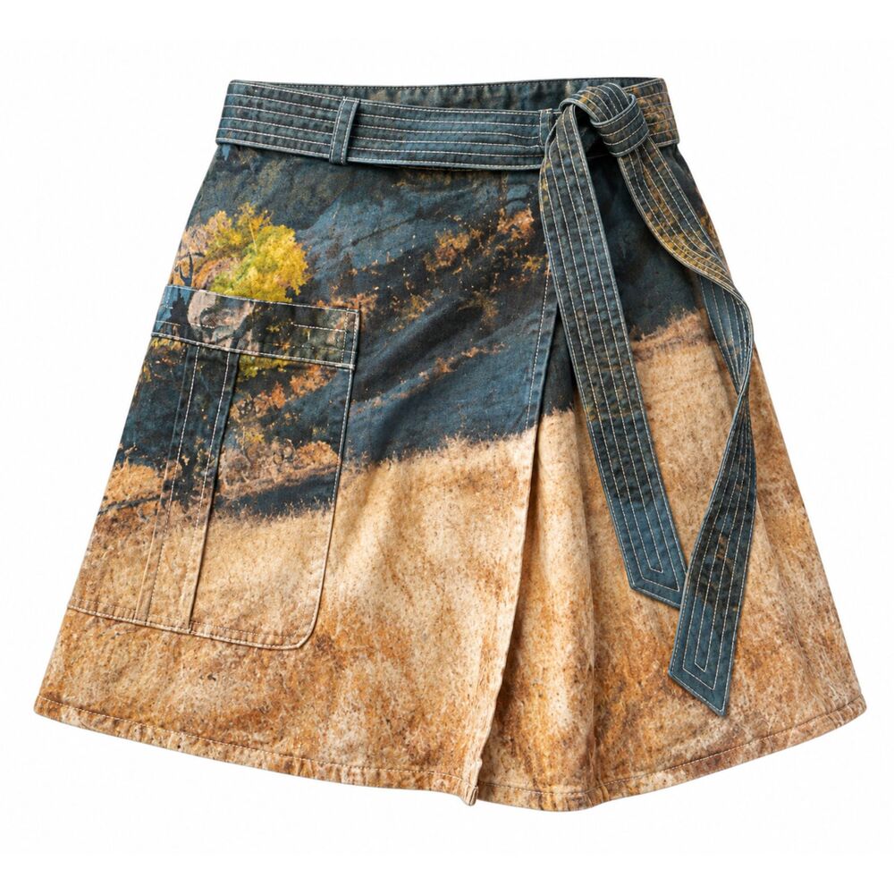 THE KIT. Scenic Landscape Print Wrap Mini Skirt Belted